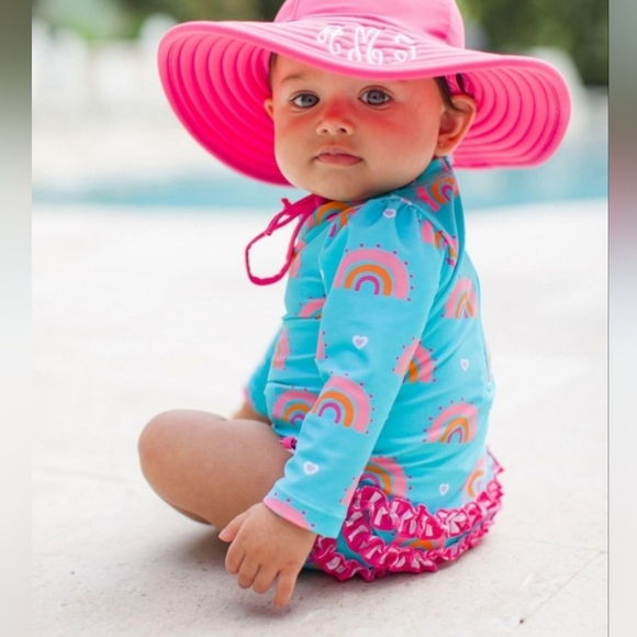 Ruffle Butts-baby Girl swimsuit SZ 3-6 UPF50+ Long Sleeve One Piece Rash Guard - - Picture 1 of 9